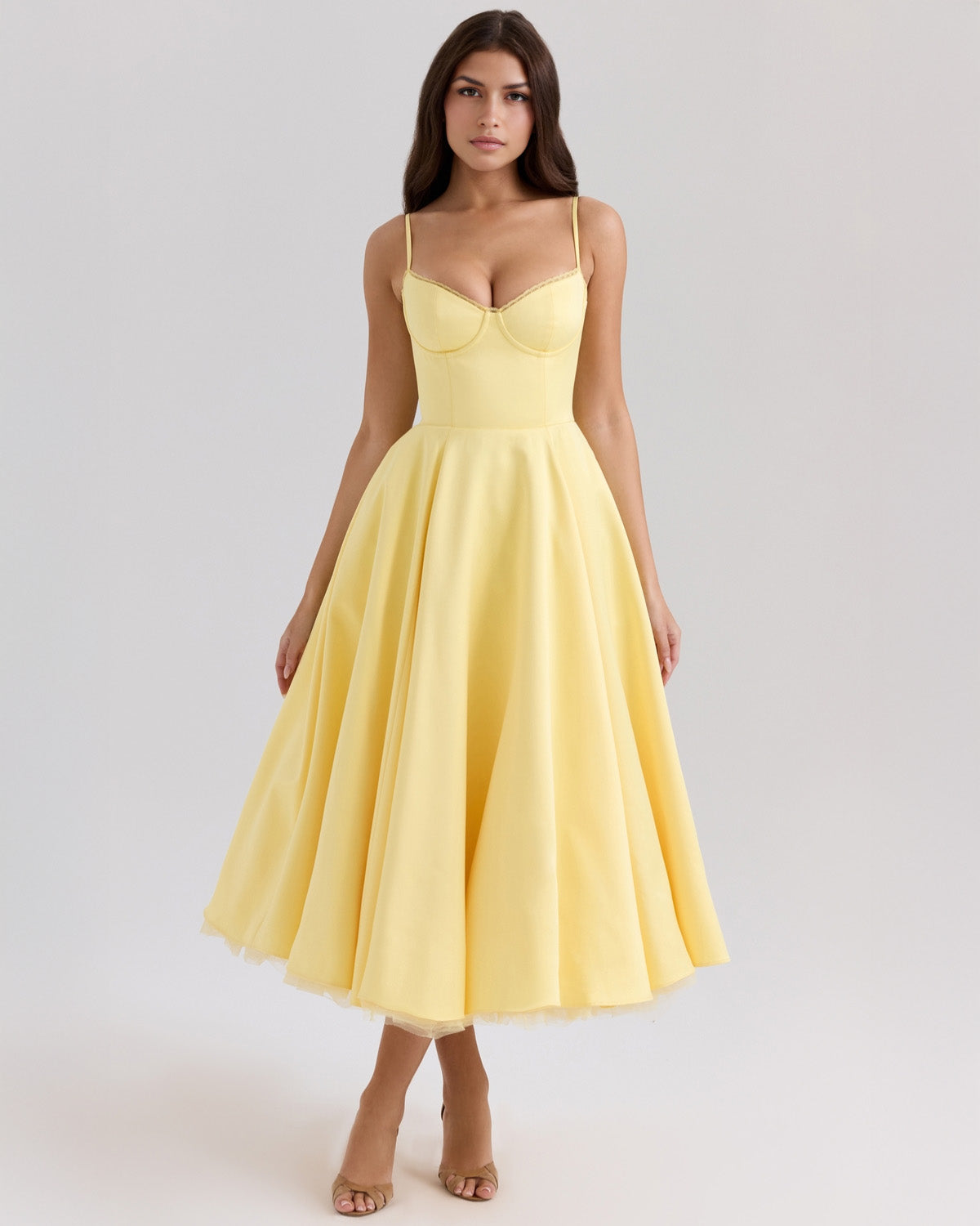 Women’s Satin Tulle Midi Dress – Selena Structured Corset Sweetheart Elegant Occasion Dress