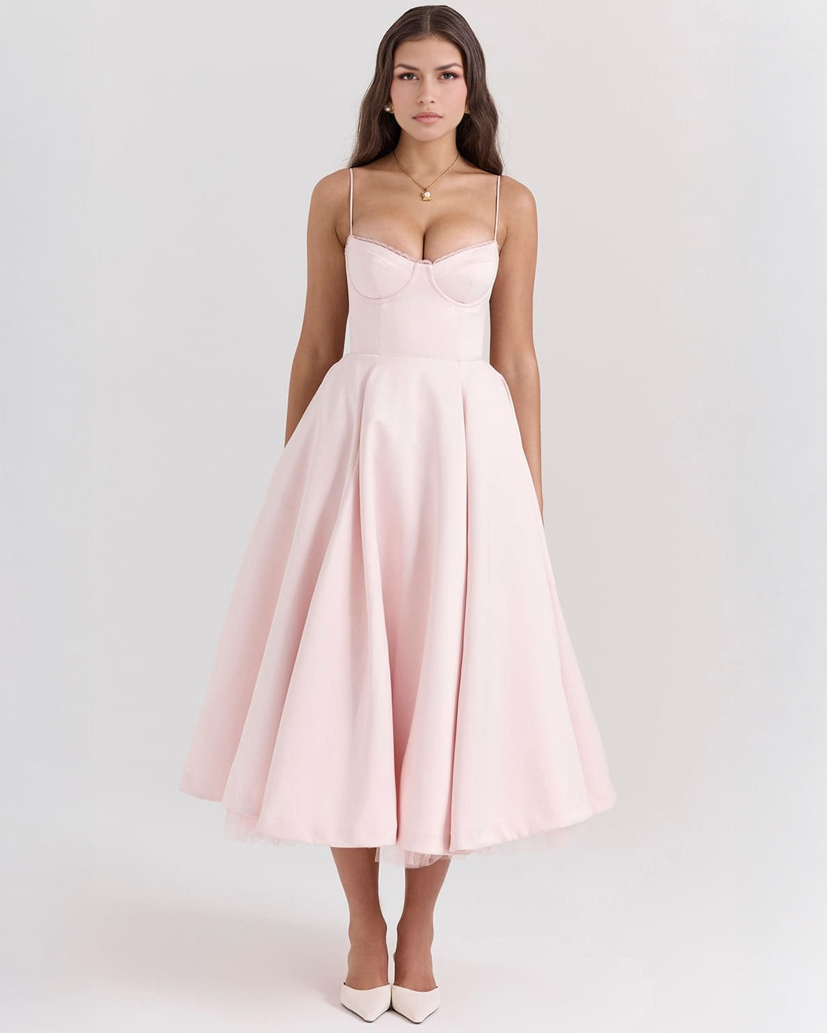 Women’s Satin Tulle Midi Dress – Selena Structured Corset Sweetheart Elegant Occasion Dress