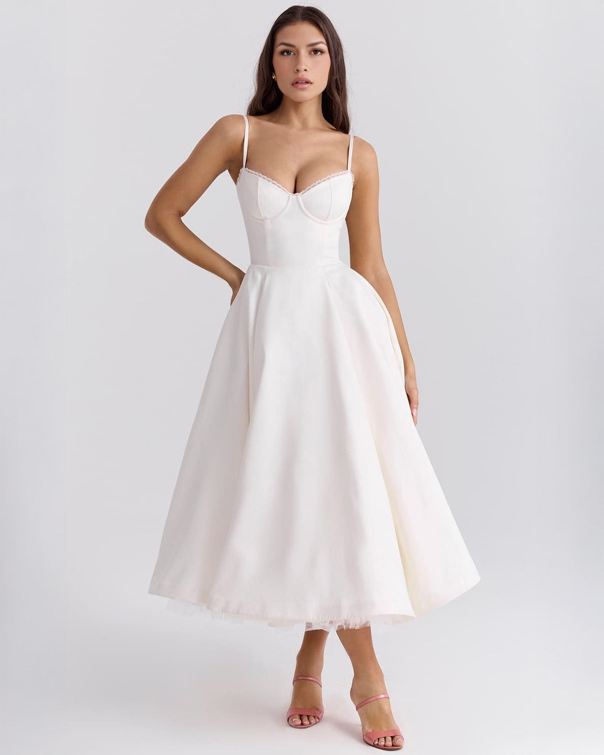 Women’s Satin Tulle Midi Dress – Selena Structured Corset Sweetheart Elegant Occasion Dress