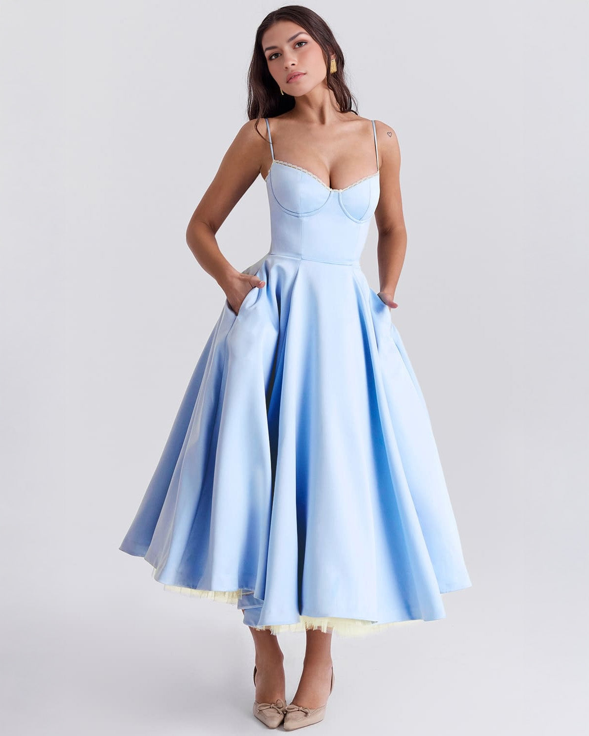 Women’s Satin Tulle Midi Dress – Selena Structured Corset Sweetheart Elegant Occasion Dress