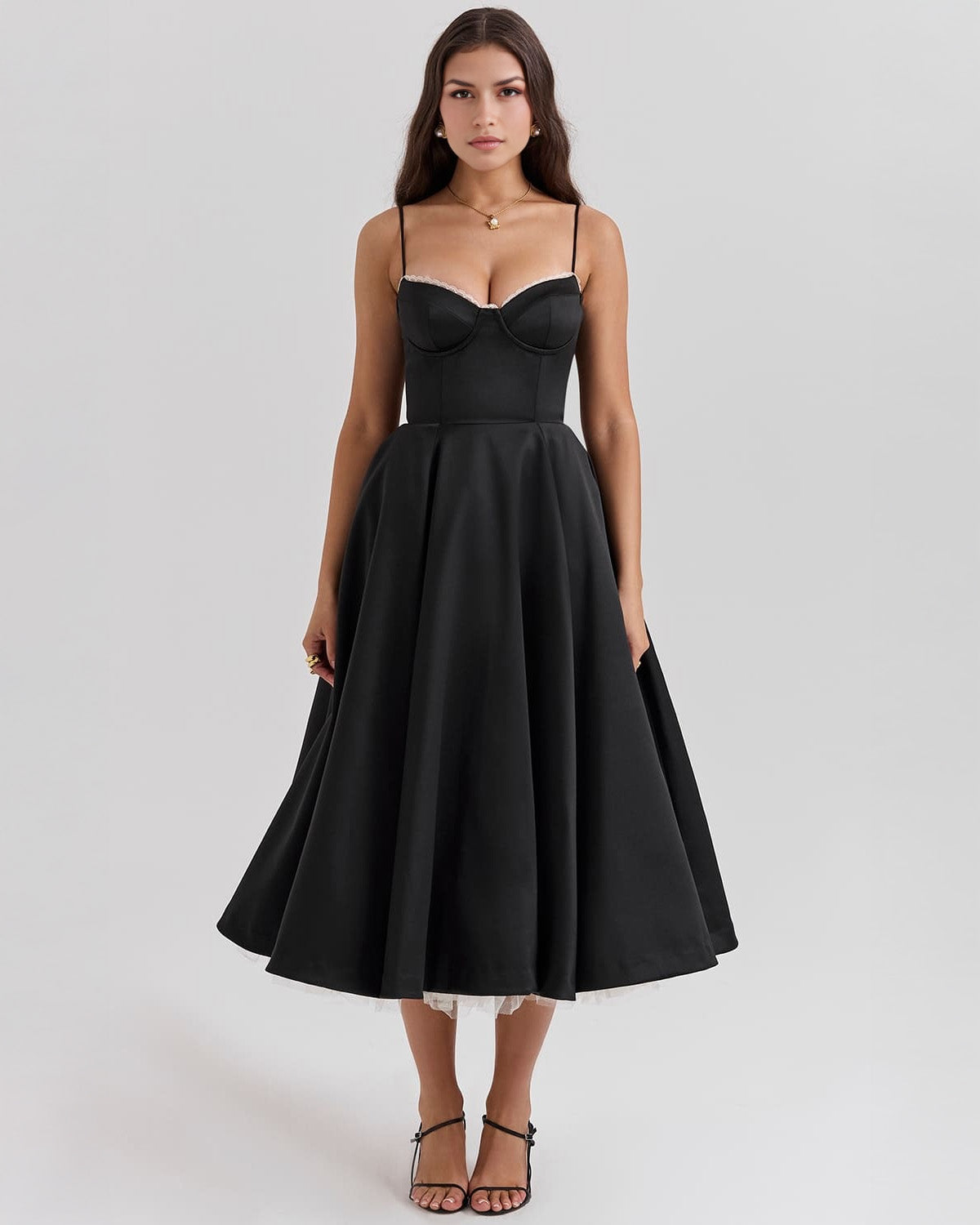 Women’s Satin Tulle Midi Dress – Selena Structured Corset Sweetheart Elegant Occasion Dress