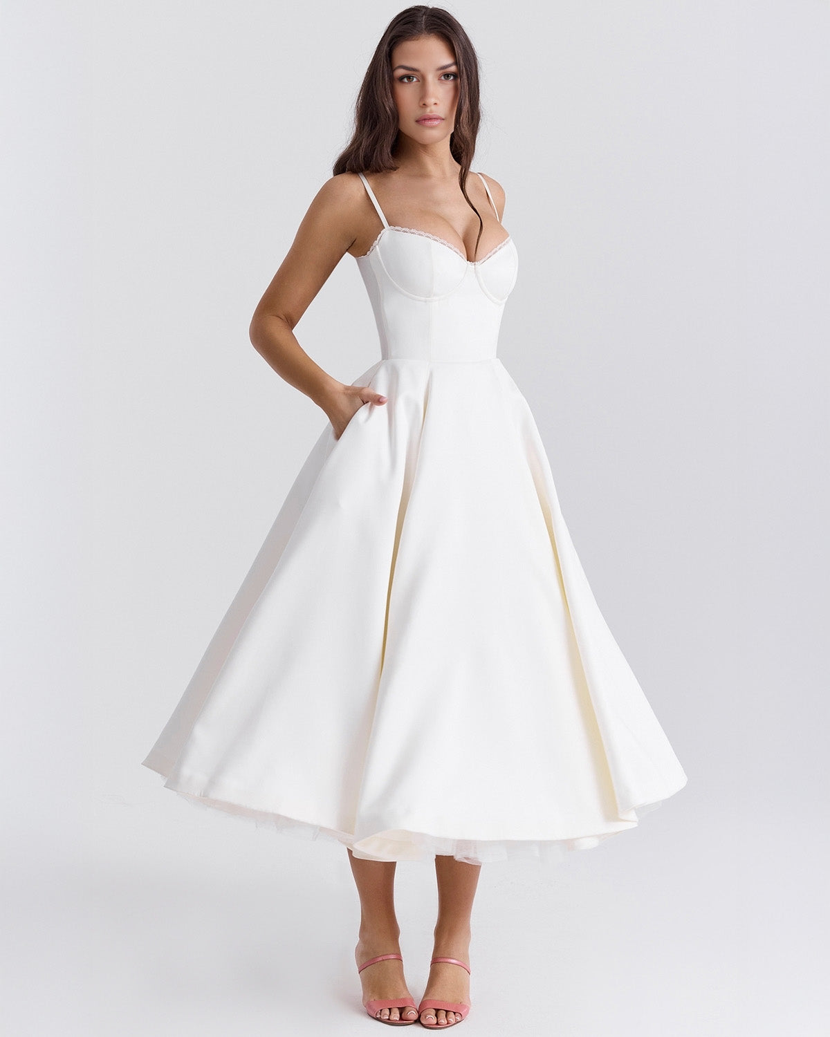 Women’s Satin Tulle Midi Dress – Selena Structured Corset Sweetheart Elegant Occasion Dress