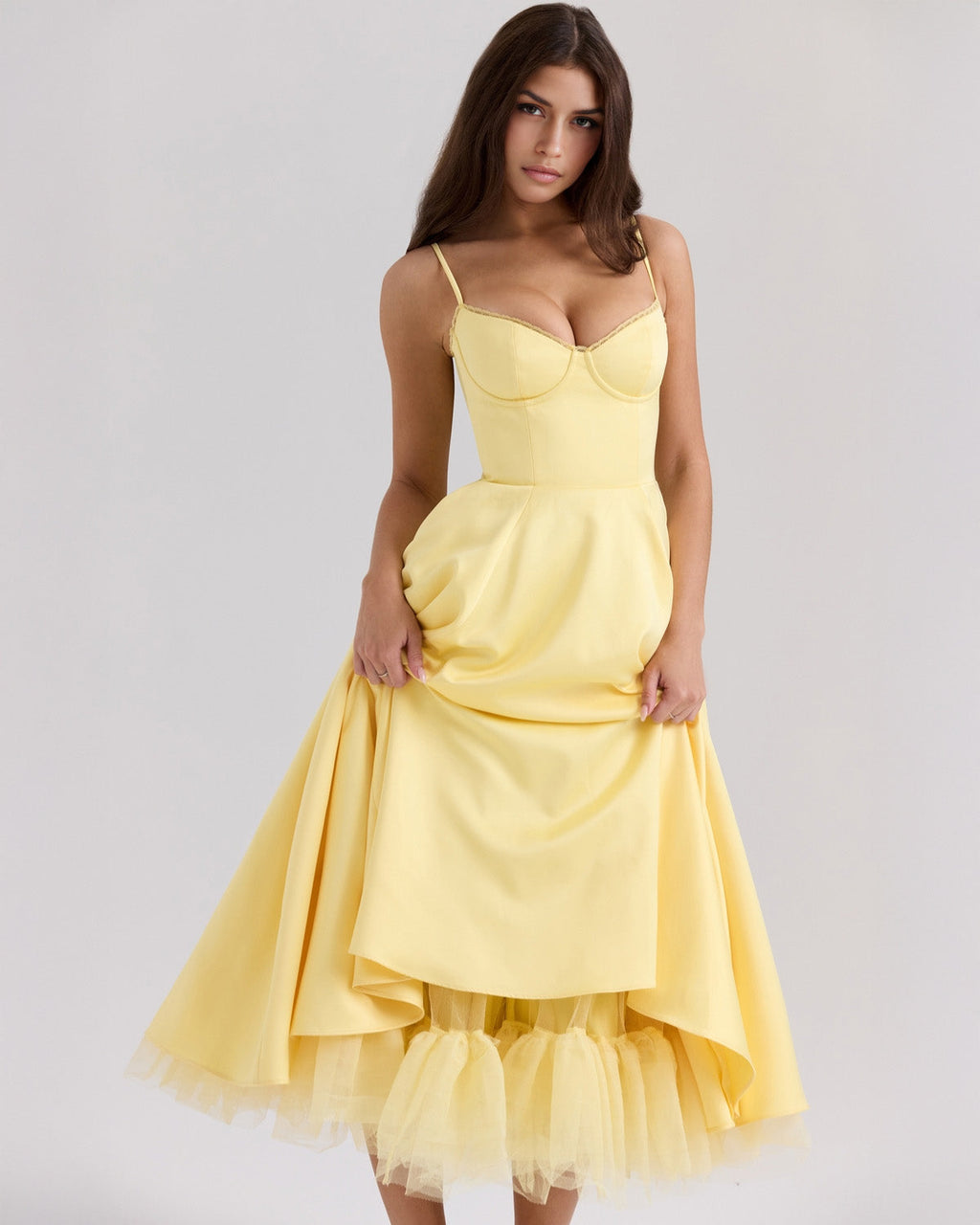 Women’s Satin Tulle Midi Dress – Selena Structured Corset Sweetheart Elegant Occasion Dress