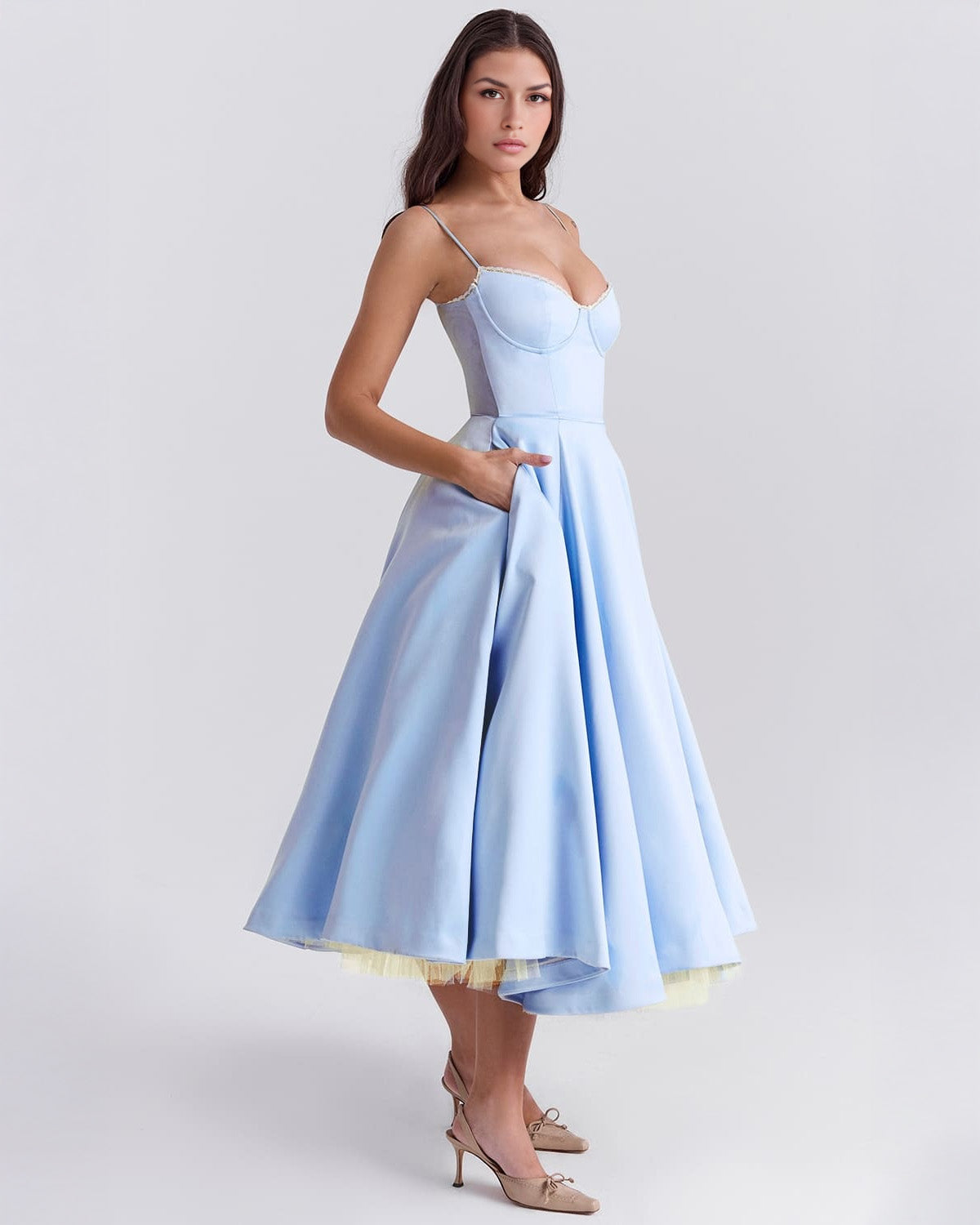 Women’s Satin Tulle Midi Dress – Selena Structured Corset Sweetheart Elegant Occasion Dress