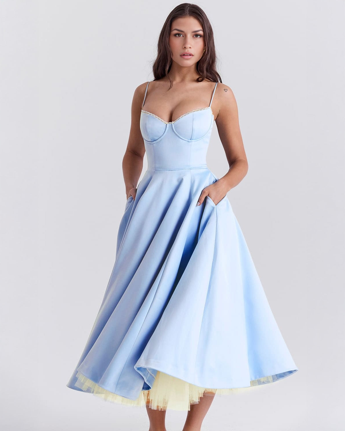 Women’s Satin Tulle Midi Dress – Selena Structured Corset Sweetheart Elegant Occasion Dress