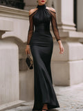 Women’s Black Satin Off-Shoulder Evening Dress – High Neck Long Mesh Sleeve Elegant Maxi Gown