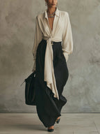 Women’s Tie-Front Shirt & Wide-Leg Pants Set – Elegant Two-Piece Outfit