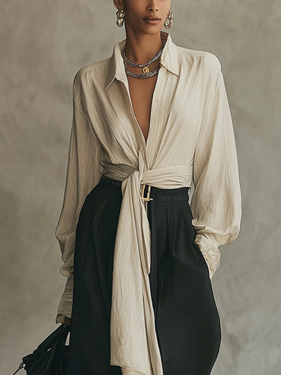 Women’s Tie-Front Shirt & Wide-Leg Pants Set – Elegant Two-Piece Outfit
