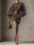 Women’s Knit Mini Dress – Natalia Belted Sculpted Fit Puff Sleeve Elegant Statement Dress
