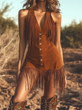 Women’s Brown Suede Mini Dress – Western Fringe Button-Front Sleeveless Country Chic Dress