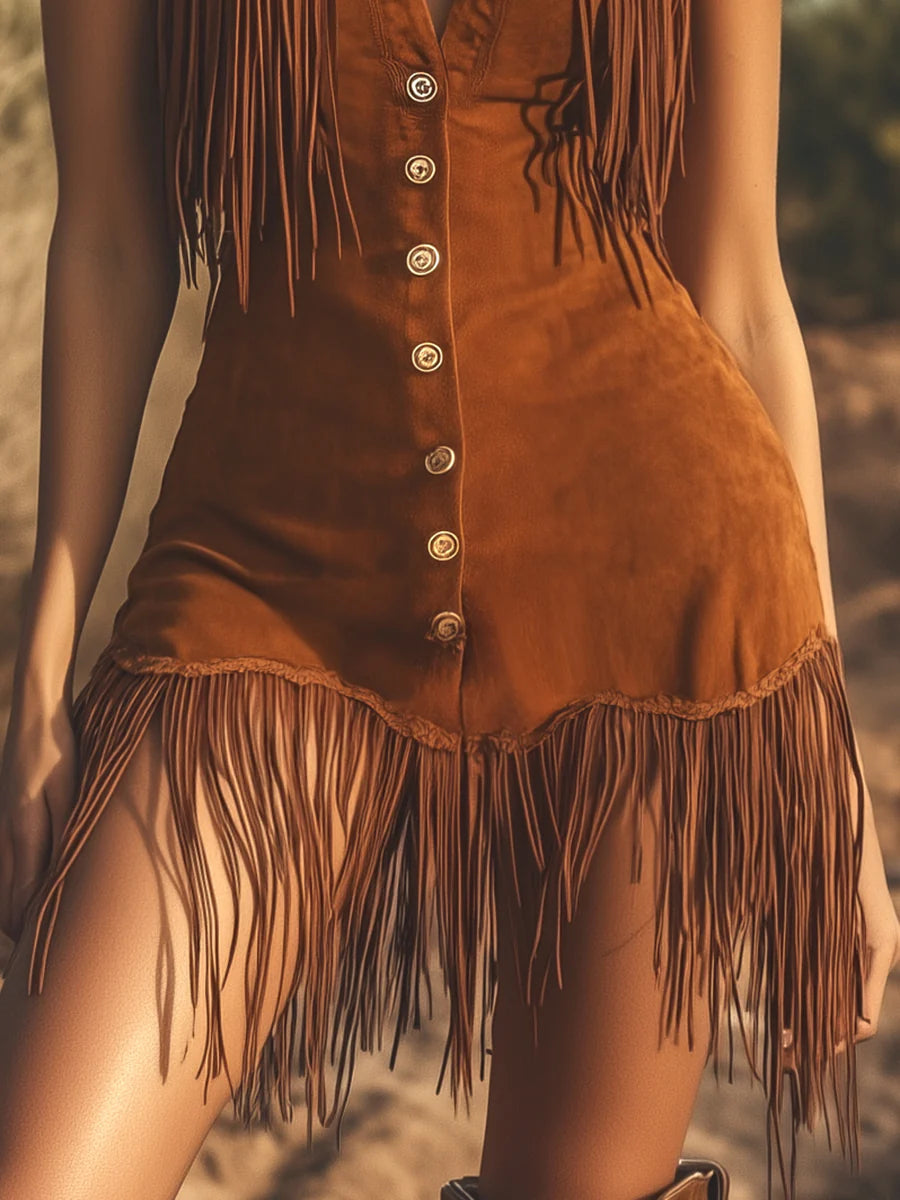 Women’s Brown Suede Mini Dress – Western Fringe Button-Front Sleeveless Country Chic Dress