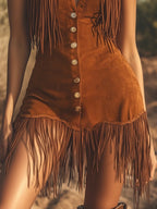 Women’s Brown Suede Mini Dress – Western Fringe Button-Front Sleeveless Country Chic Dress