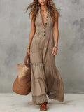 Women’s Khaki Cotton Sleeveless Maxi Dress – Button-Front V-Neck Lace Hem Relaxed Boho Elegant Dress