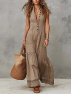 Women’s Khaki Cotton Sleeveless Maxi Dress – Button-Front V-Neck Lace Hem Relaxed Boho Elegant Dress