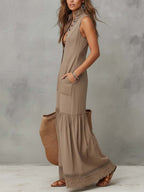 Women’s Khaki Cotton Sleeveless Maxi Dress – Button-Front V-Neck Lace Hem Relaxed Boho Elegant Dress