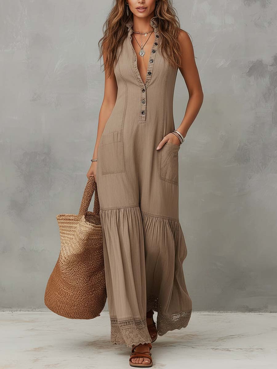Women’s Khaki Cotton Sleeveless Maxi Dress – Button-Front V-Neck Lace Hem Relaxed Boho Elegant Dress