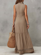 Women’s Khaki Cotton Sleeveless Maxi Dress – Button-Front V-Neck Lace Hem Relaxed Boho Elegant Dress