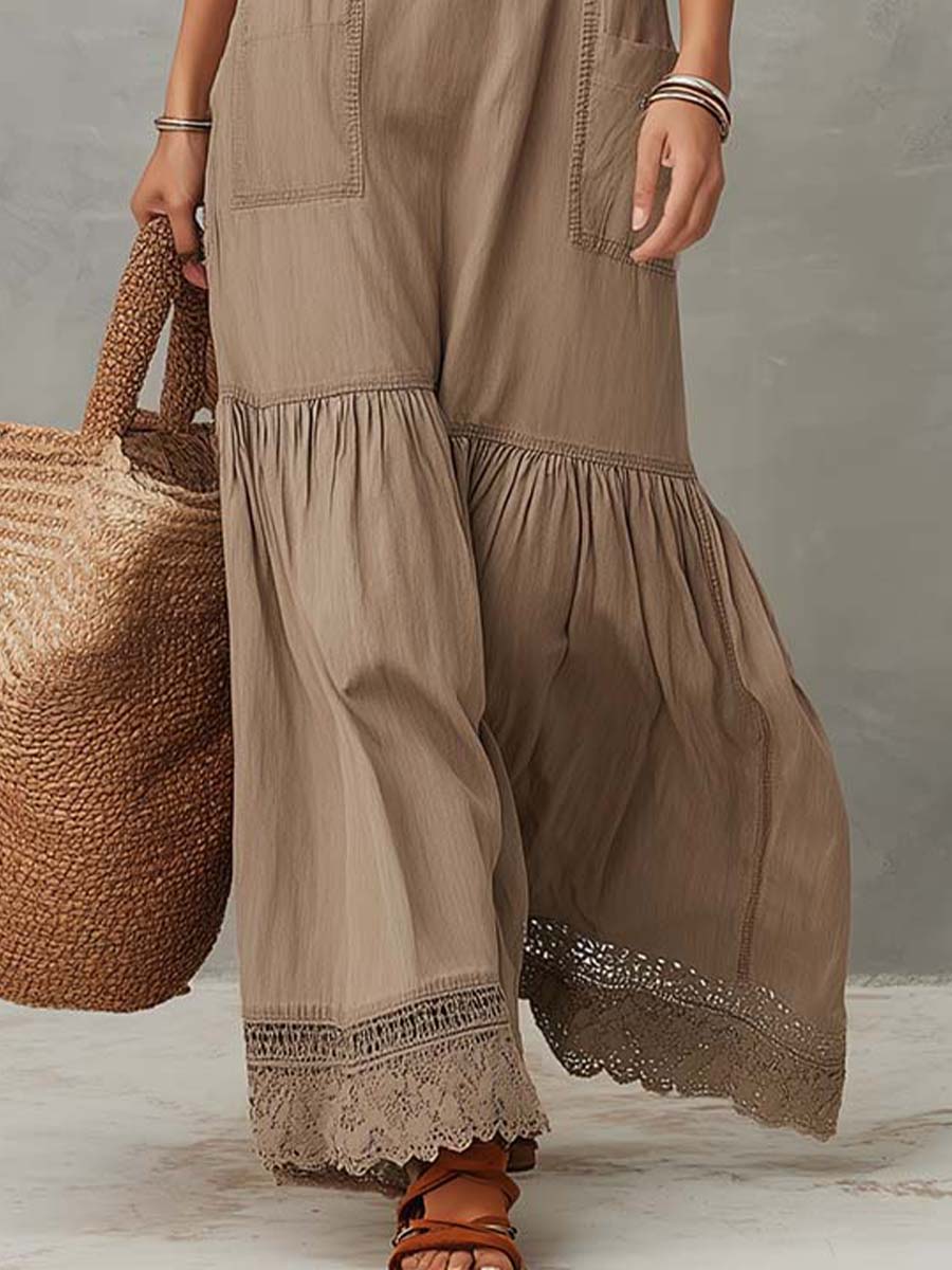 Women’s Khaki Cotton Sleeveless Maxi Dress – Button-Front V-Neck Lace Hem Relaxed Boho Elegant Dress