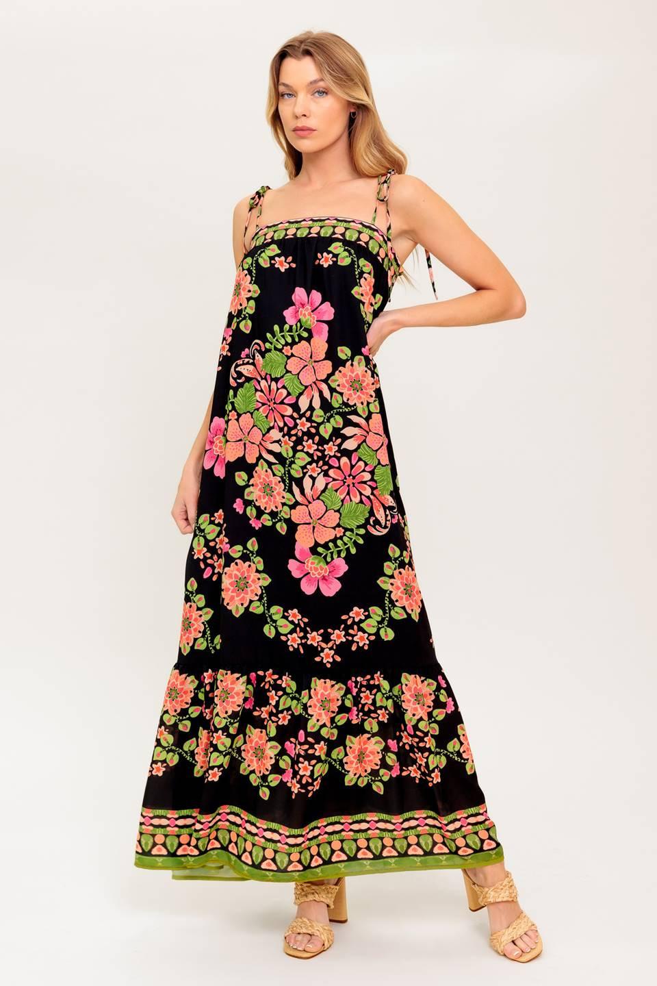 Women’s Printed Straight Neck Maxi Dress with Shoulder Tie Straps and Ruffled Hem