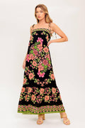 Women’s Printed Straight Neck Maxi Dress with Shoulder Tie Straps and Ruffled Hem