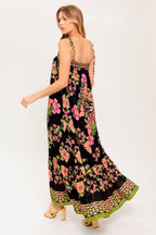 Women’s Printed Straight Neck Maxi Dress with Shoulder Tie Straps and Ruffled Hem