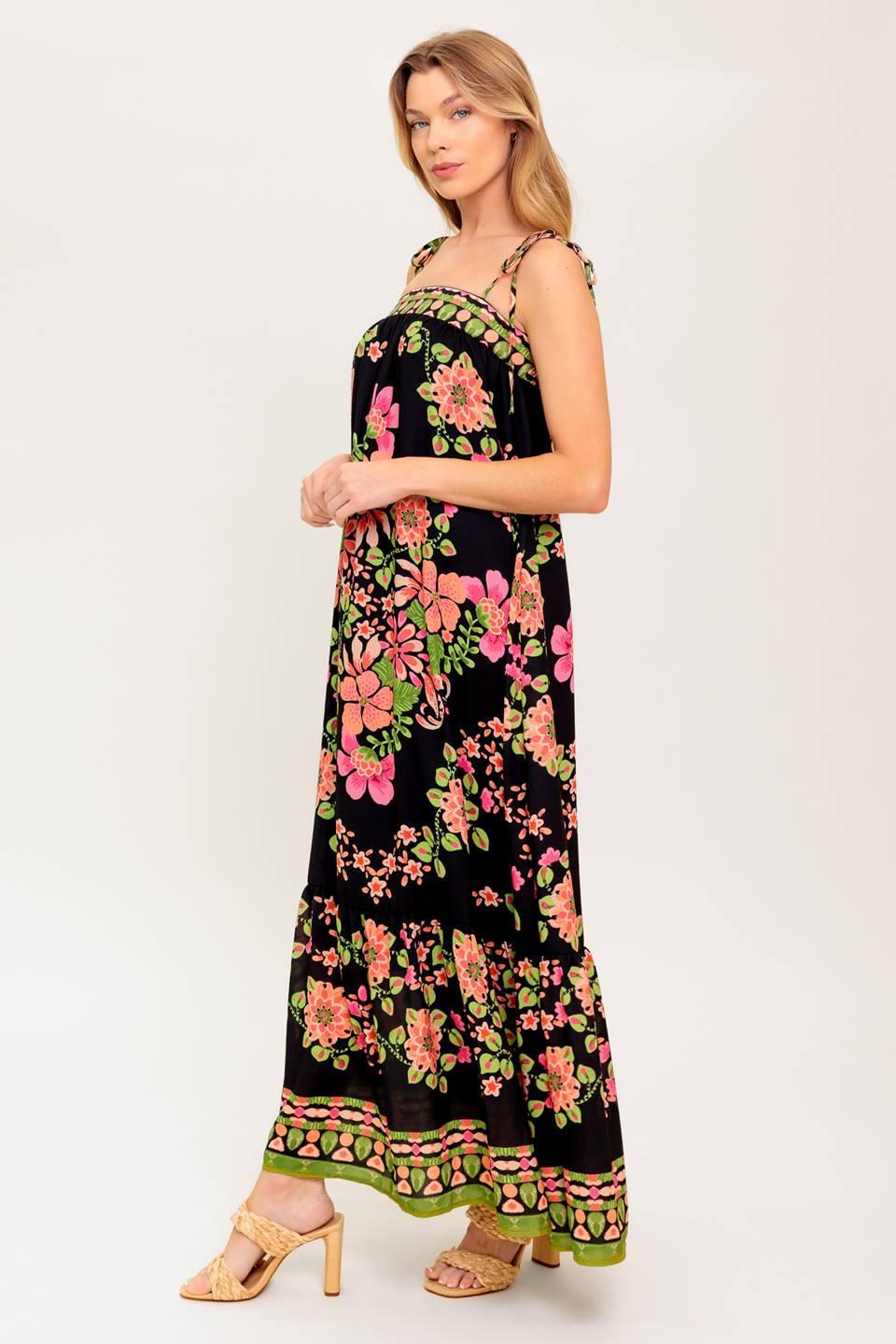 Women’s Printed Straight Neck Maxi Dress with Shoulder Tie Straps and Ruffled Hem