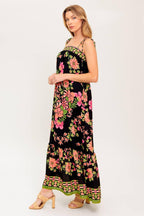 Women’s Printed Straight Neck Maxi Dress with Shoulder Tie Straps and Ruffled Hem