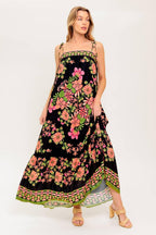 Women’s Printed Straight Neck Maxi Dress with Shoulder Tie Straps and Ruffled Hem