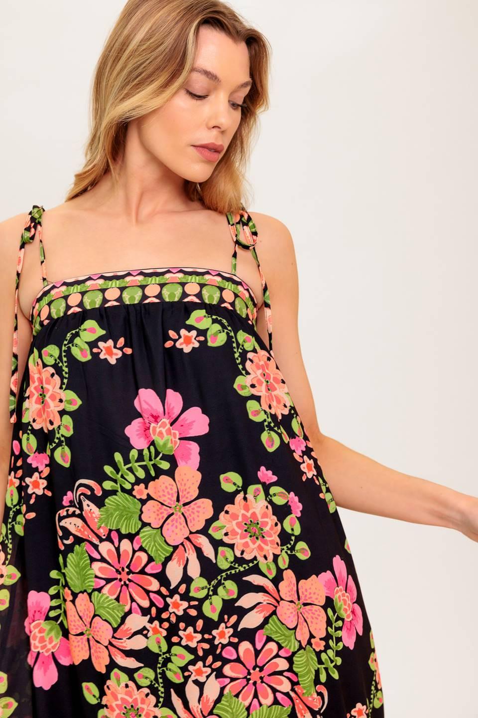 Women’s Printed Straight Neck Maxi Dress with Shoulder Tie Straps and Ruffled Hem