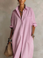 Women’s Minimalist Shirt Maxi Dress – Long Sleeve Buttoned Lapel Dress with Pockets