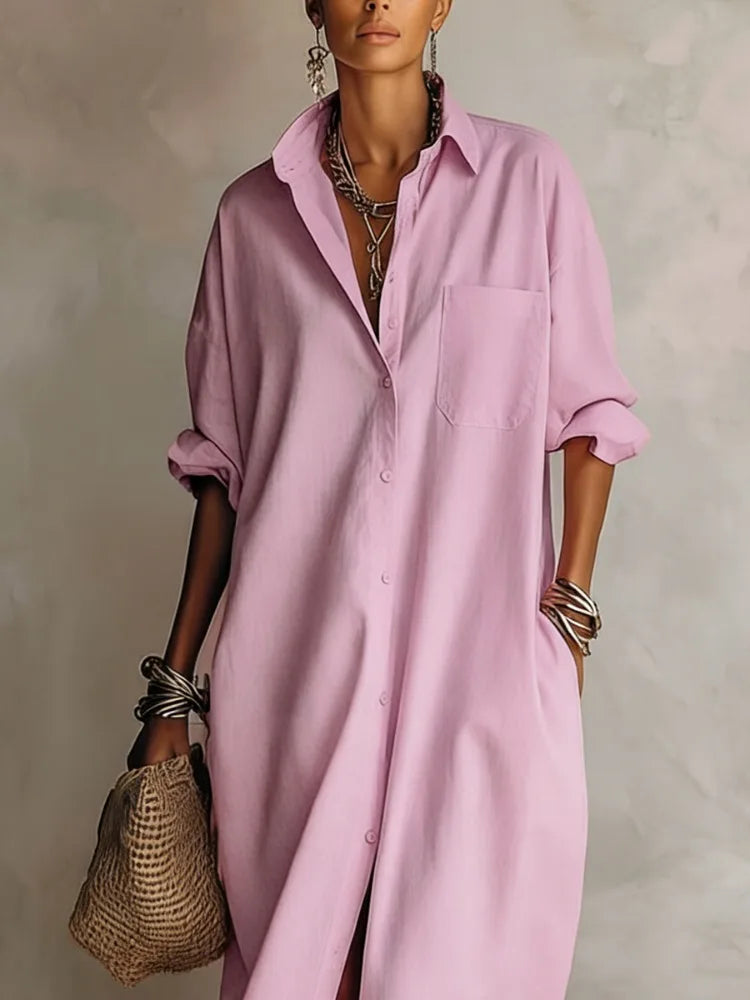 Women’s Minimalist Shirt Maxi Dress – Long Sleeve Buttoned Lapel Dress with Pockets