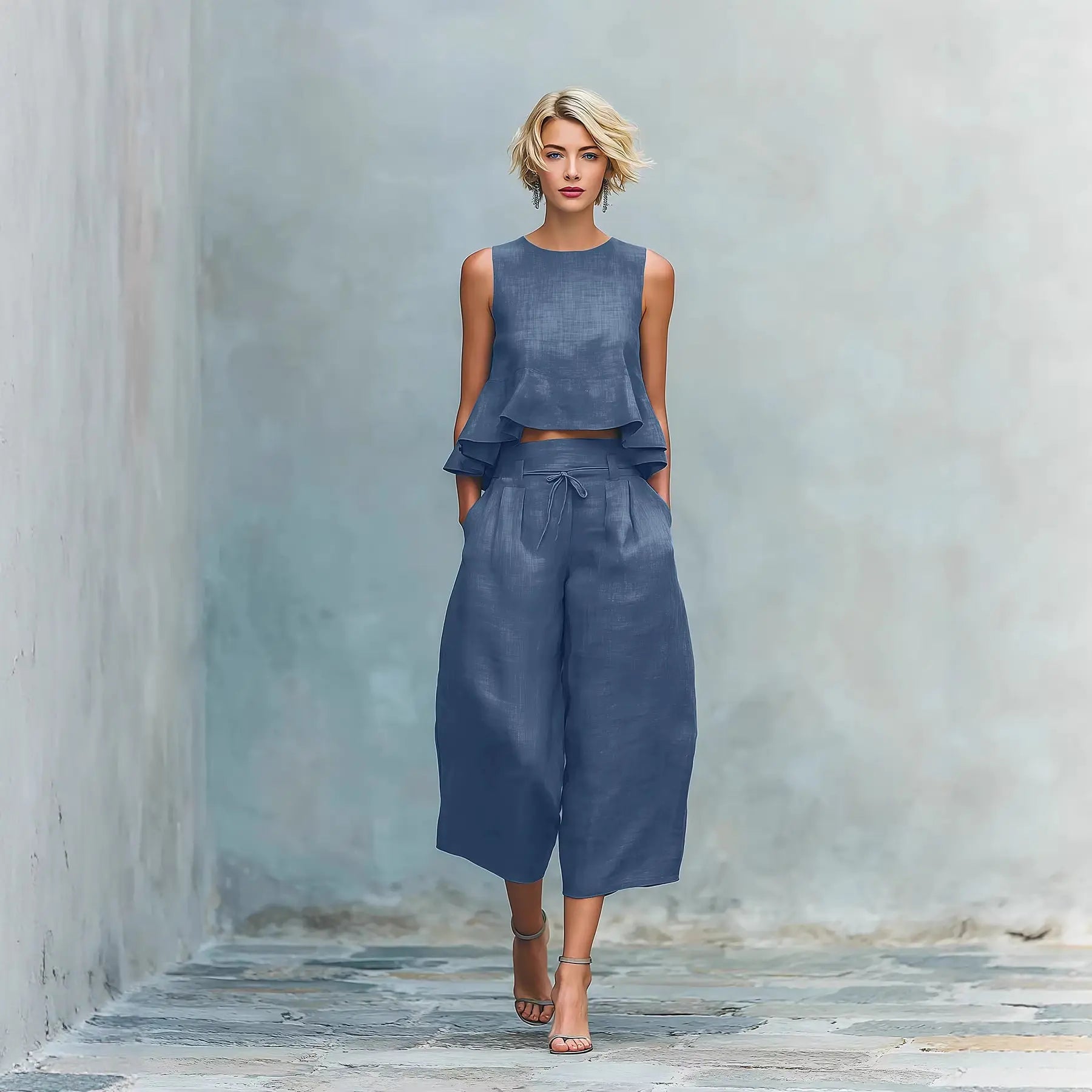 Women’s Sleeveless Two-Piece Vacation Set – O-Neck Tank & Wide-Leg Trousers