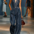 Women’s Halter Neck Denim Jumpsuit – Sleeveless Deep V-Neck Wide Leg Retro Vintage Overalls