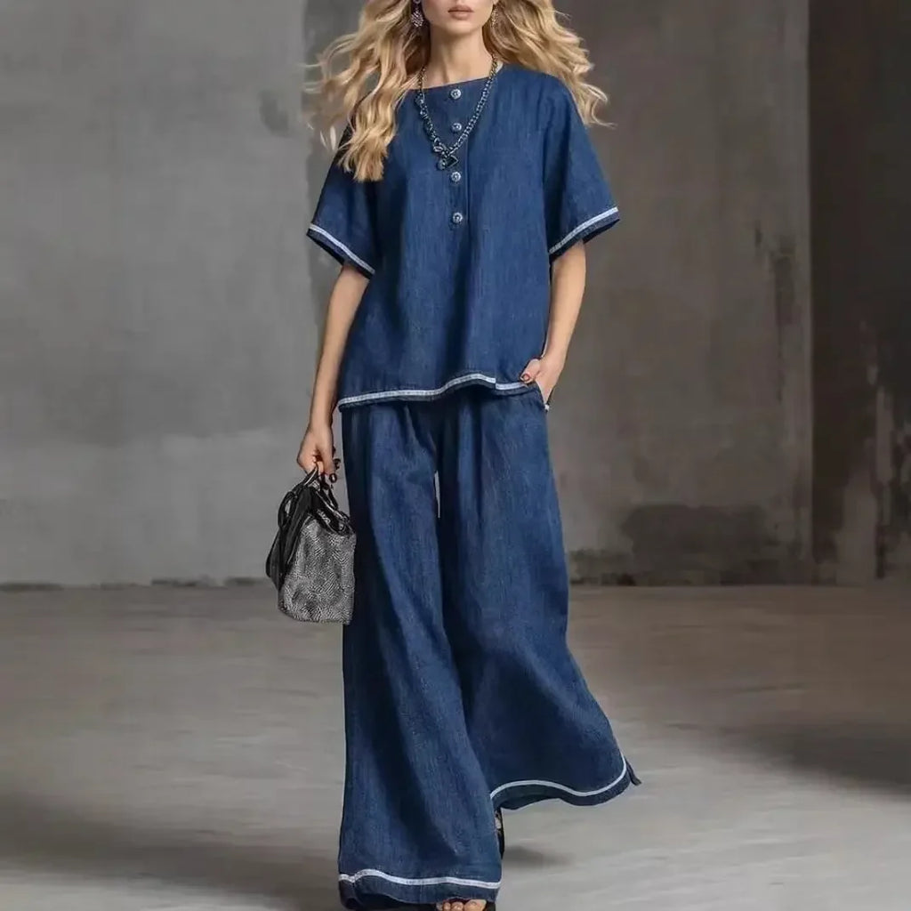 Women’s Contrast Color Two-Piece Set – Short Sleeve Crew Neck Top & High Waist Wide Leg Pants Casual Matching Outfit