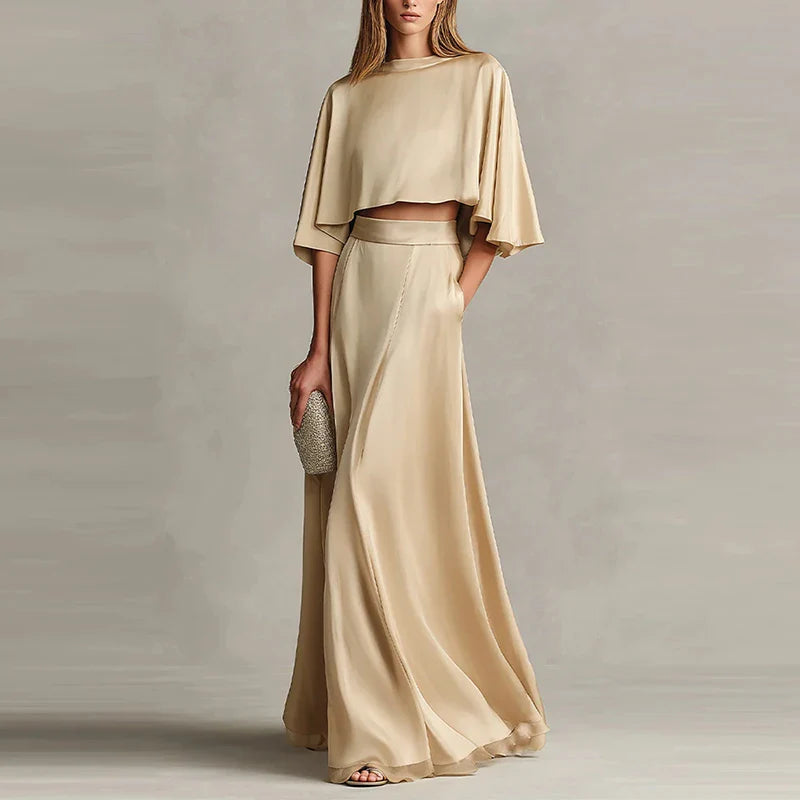 Women’s Casual Two-Piece Skirt Set – O-Neck Short Sleeve Top & Long Skirt