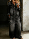 Women’s Retro Denim Jumpsuit – Long Sleeve Turn-Down Collar Single Breasted Loose Fit Ankle-Length (Casual Fashion)