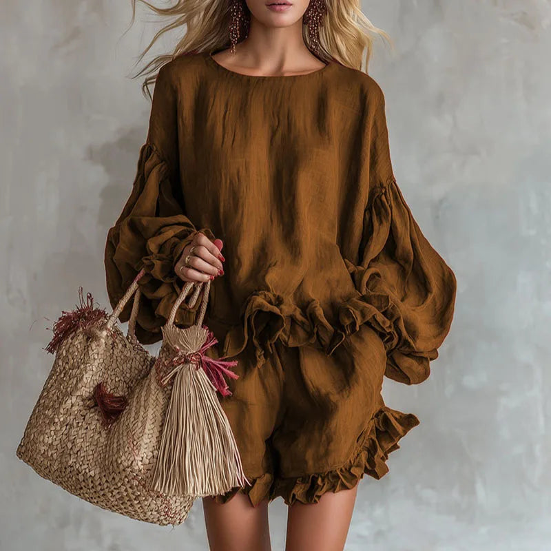 Women’s Bohemian Two-Piece Vacation Set – Ruffle Hem Top & Beach Shorts