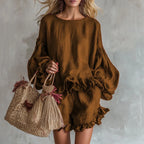 Women’s Bohemian Two-Piece Vacation Set – Ruffle Hem Top & Beach Shorts
