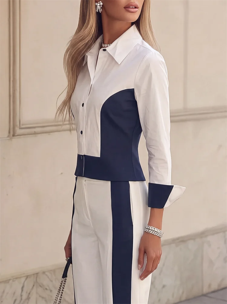 Women’s Elegant Contrast Color Lapel Blouse – Slim Fit Long Sleeve Office Business Shirt (2026 New)