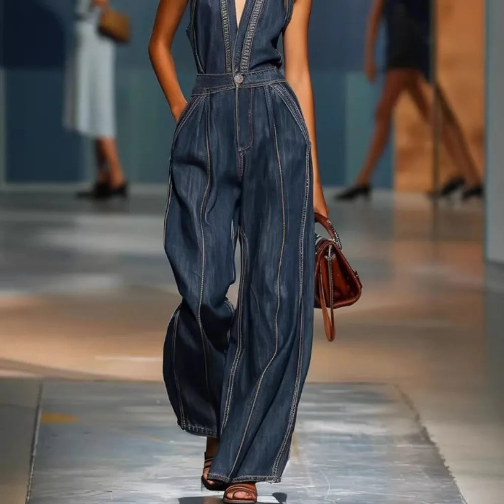 Women’s Halter Neck Denim Jumpsuit – Sleeveless Deep V-Neck Wide Leg Retro Vintage Overalls