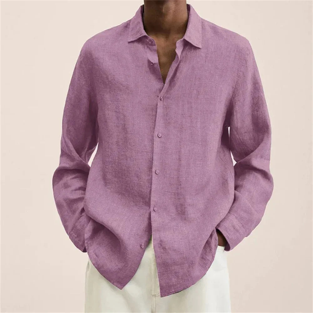 Men’s Linen Long Sleeve Button-Up Shirt – Loose Fit Casual Collared Shirt