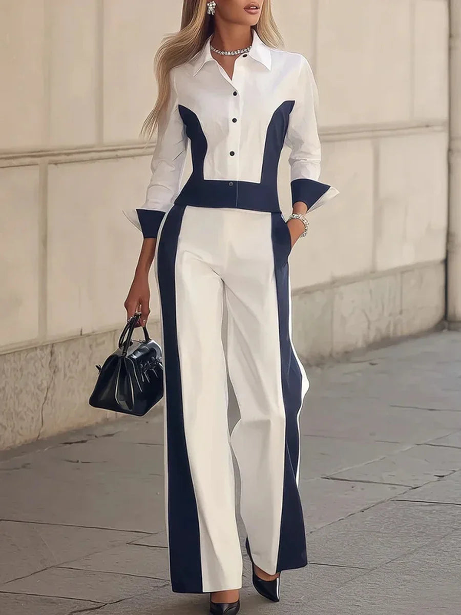 Women’s Elegant Contrast Color Lapel Blouse – Slim Fit Long Sleeve Office Business Shirt (2026 New)