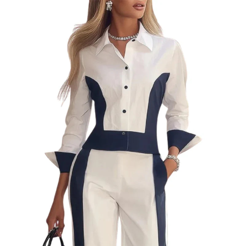 Women’s Elegant Contrast Color Lapel Blouse – Slim Fit Long Sleeve Office Business Shirt (2026 New)