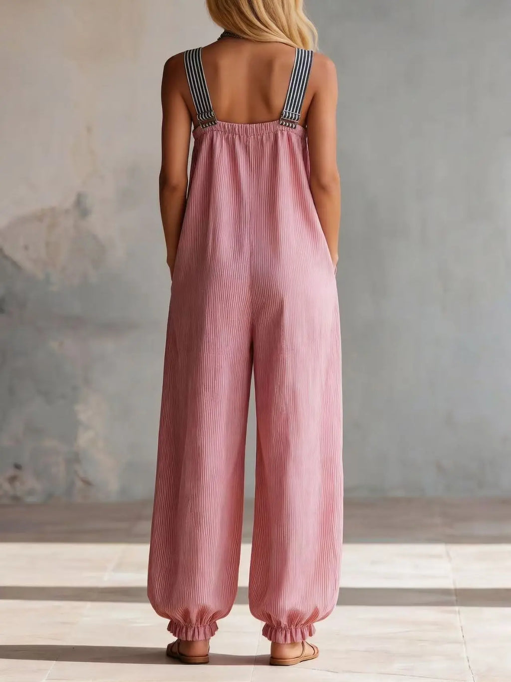 Women’s Pink Striped Sleeveless Jumpsuit – Loose Wide Leg Summer Beach Romper with Pockets