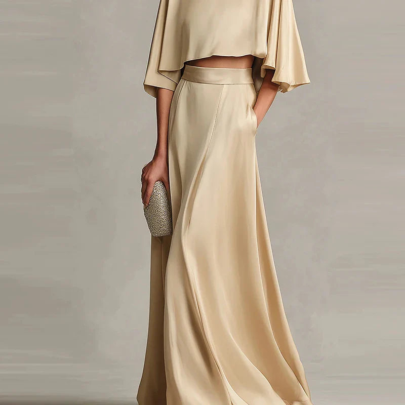 Women’s Casual Two-Piece Skirt Set – O-Neck Short Sleeve Top & Long Skirt