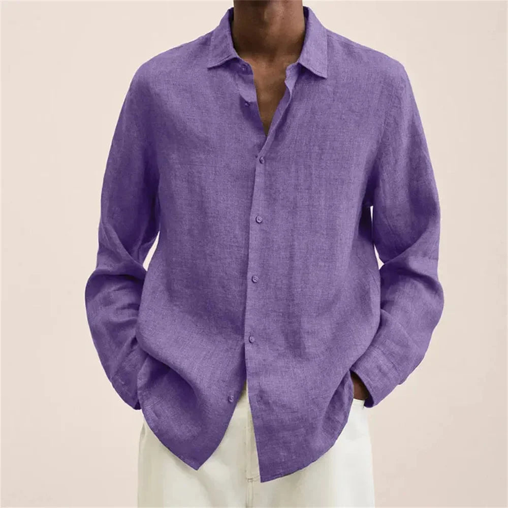 Men’s Linen Long Sleeve Button-Up Shirt – Loose Fit Casual Collared Shirt