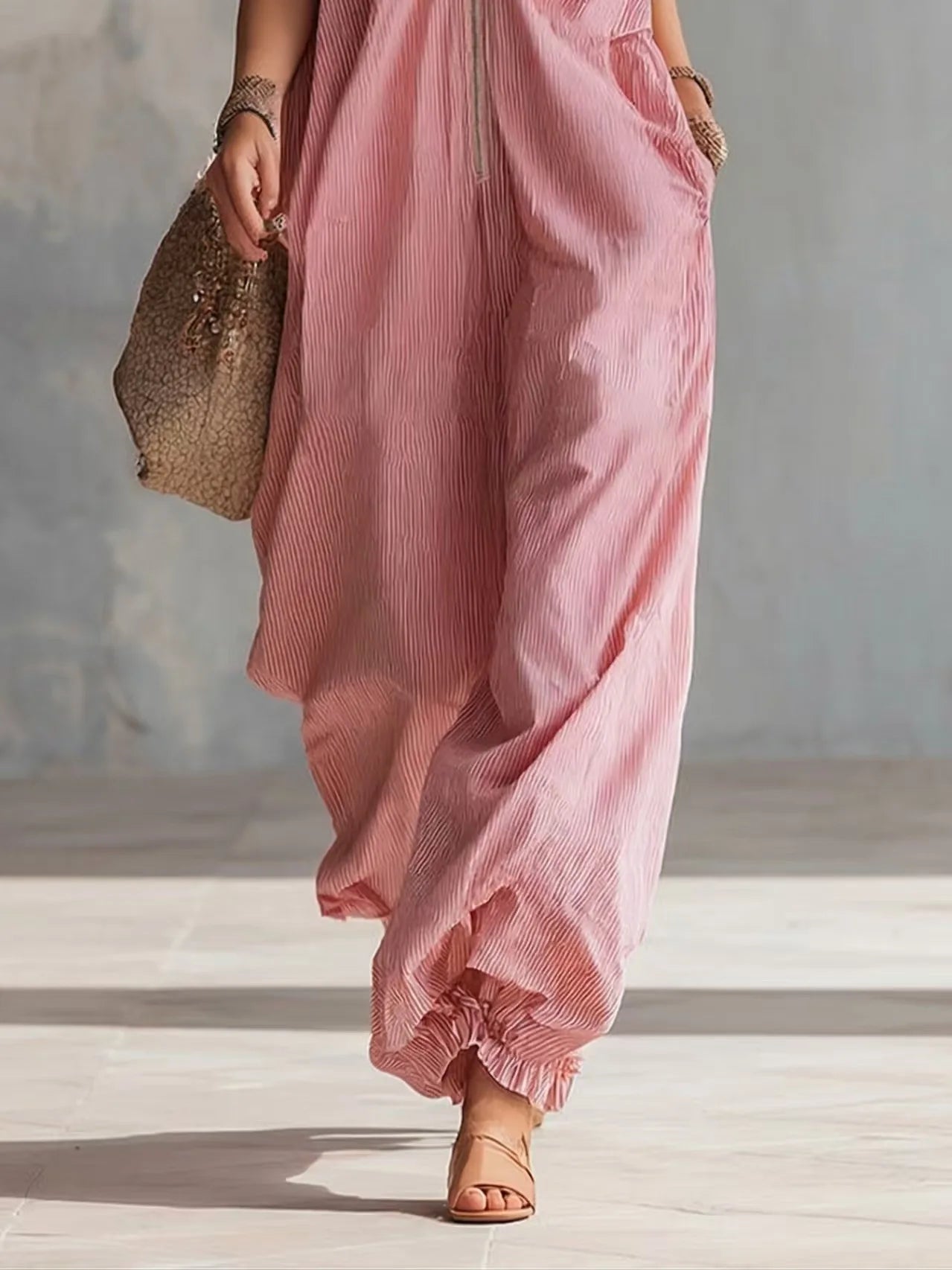 Women’s Pink Striped Sleeveless Jumpsuit – Loose Wide Leg Summer Beach Romper with Pockets