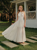 Women’s Lace Crew Neck Maxi Dress — Sleeveless Elegant Long Dress with Invisible Zipper for Wedding & Vacation