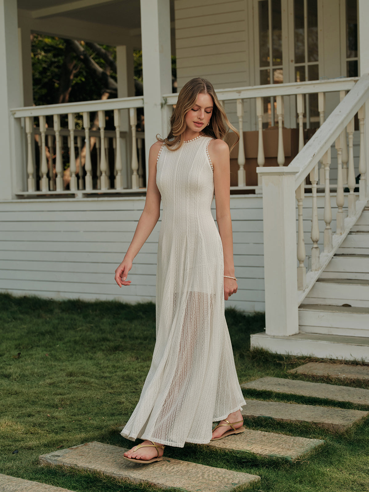 Women’s Lace Crew Neck Maxi Dress — Sleeveless Elegant Long Dress with Invisible Zipper for Wedding & Vacation
