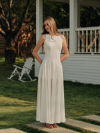 Women’s Lace Crew Neck Maxi Dress — Sleeveless Elegant Long Dress with Invisible Zipper for Wedding & Vacation